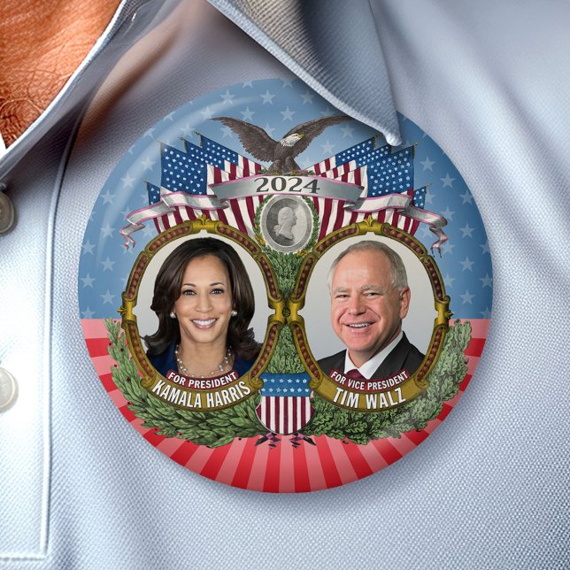 Badge Rond 7,6 Cm Kamala Harris et Tim Walz 2024 - Stars Jugate (Campaign Button)