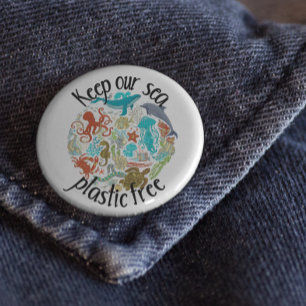 Badge Rond 7,6 Cm Keep our Sea Plastic Free Turtle Whale