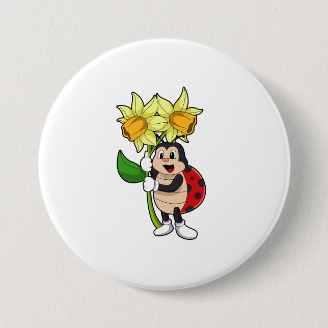 Badge Rond 7,6 Cm Ladybug avec jonquille de fleurs (Devant)