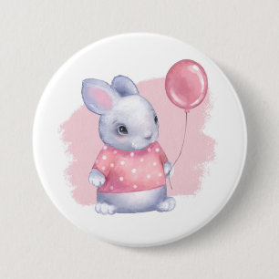 Badge Rond 7,6 Cm Lapin mignon avec ballon rose