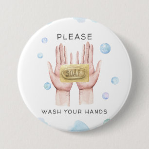 Badge Rond 7,6 Cm Lavez Vos Mains   Bouton d'Illustration à l'Aquare
