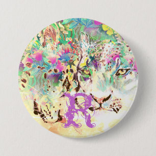 Badge Rond 7,6 Cm Léopard des neiges fleurs tropicales animal hawaïe