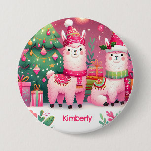 Badge Rond 7,6 Cm Llama Rose Personnalisé Noël Nom