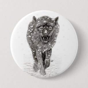 Badge Rond 7,6 Cm Loup noir en colère dans la neige, hiver sauvage