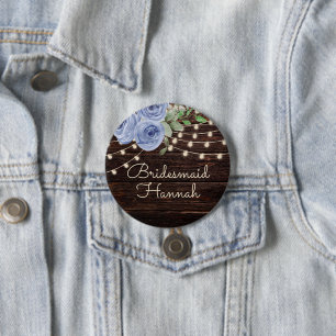 Badge Rond 7,6 Cm Lumières de Chaîne en Bois Rustique Fleur Bleue De