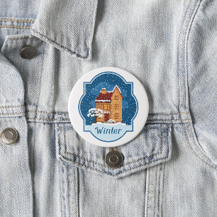 Badge Rond 7,6 Cm Maison D'Hiver Dans La Neige
