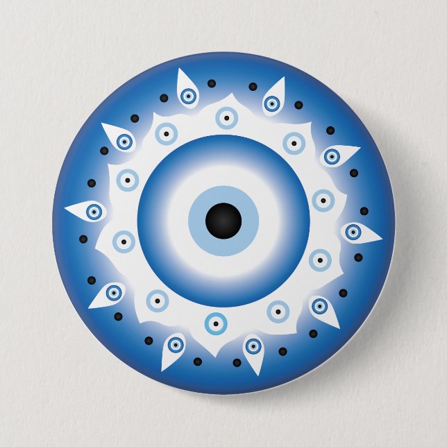 Badge Rond 7,6 Cm Mandala Grec Mal Oeil Bleu Blanc (Devant)
