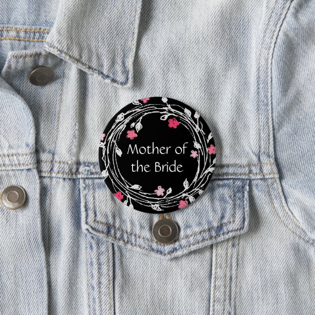 Badge Rond 7,6 Cm Mère de la mariée Couronne florale noir blanc rose (En situation)
