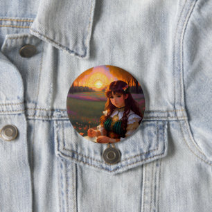 Badge Rond 7,6 Cm Mignonne Sad Anime Style Femme dans le pré au couc