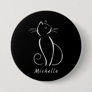 Badge Rond 7,6 Cm Minimaliste Chat Blanc Sur Noir Ajouter Nom