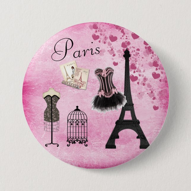 Badge Rond 7,6 Cm Mode Tour Eiffel rose chic (Devant)