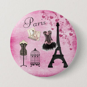 Badge Rond 7,6 Cm Mode Tour Eiffel rose chic