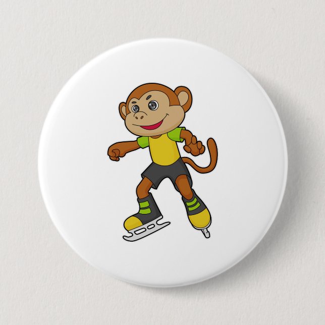 Badge Rond 7,6 Cm Monkey at Ice skating with Ice skates (Devant)