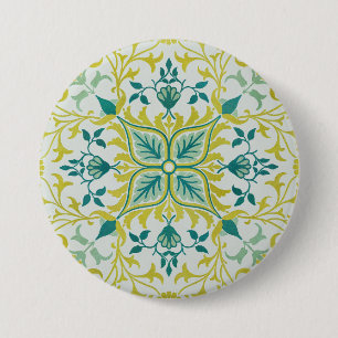 Badge Rond 7,6 Cm Morris Jaune Turquoise Motif de Vigne et de Fleur