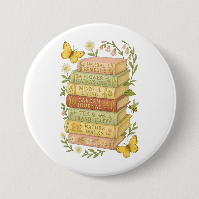 Badge Rond 7,6 Cm Nature et livre Lover Botanique Stack (Devant)