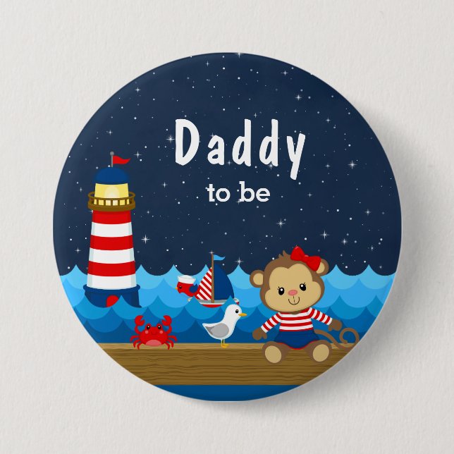 Badge Rond 7,6 Cm Nautical Girl Monkey Red et Navy Daddy (Devant)