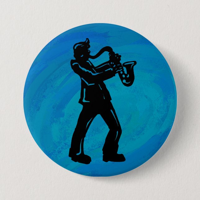 Badge Rond 7,6 Cm New York Boogie Nuits Saxophone Bleu (Devant)
