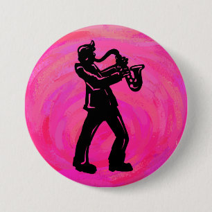 Badge Rond 7,6 Cm New York Boogie Nuits Saxophone Hot Pink