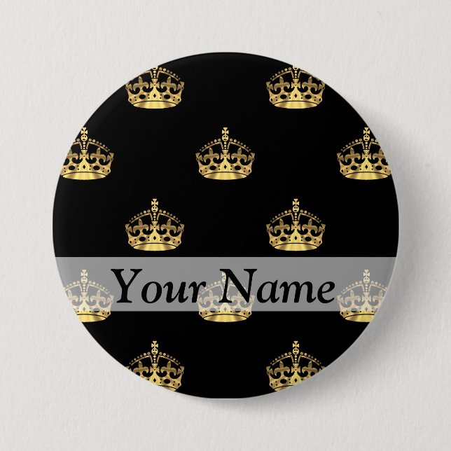 Badge Rond 7,6 Cm Noir et motif de couronne d'or (Devant)