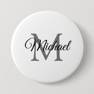Badge Rond 7,6 Cm Nom de monogramme personnalisable Modèle blanc gra