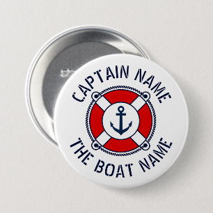 Badge Rond 7,6 Cm Nom du capitaine de bateau rouge bouée de sauvetag