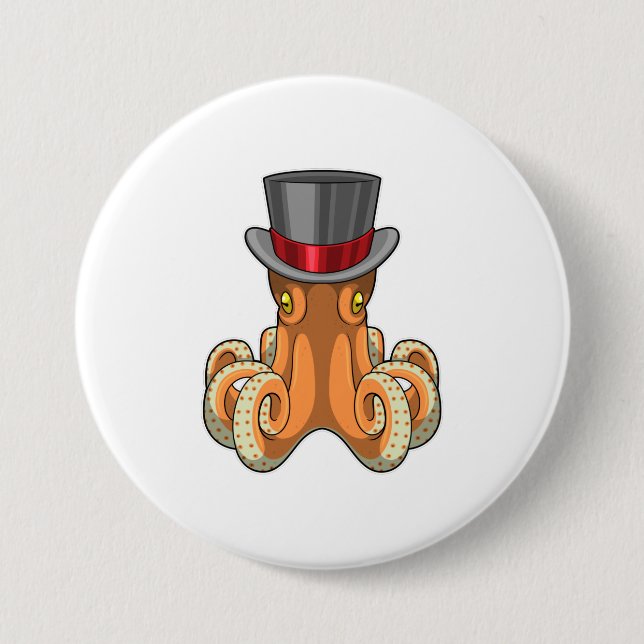 Badge Rond 7,6 Cm Octopus comme Gentleman avec chapeau supérieur (Devant)
