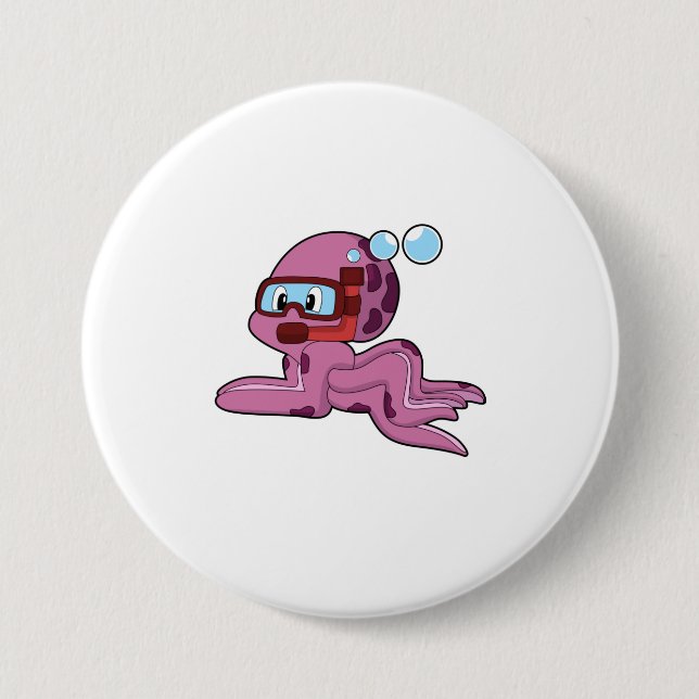 Badge Rond 7,6 Cm Octopus comme plongeur avec tuba (Devant)
