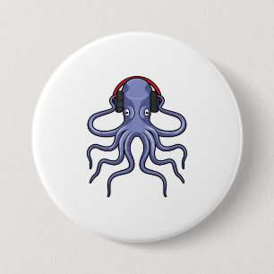 Badge Rond 7,6 Cm Octopus en musique avec casque