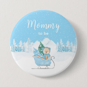 Badge Rond 7,6 Cm Ours d'hiver Maman futur bébé Luge Bleue