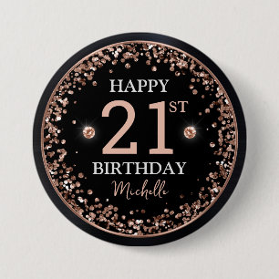 Badge Rond 7,6 Cm Parties scintillant en or noir et Rose Confetti An