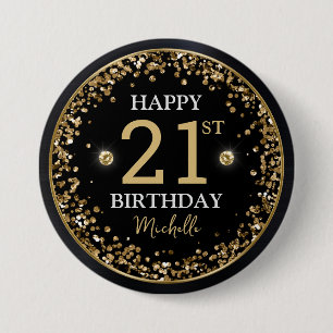 Badge Rond 7,6 Cm Parties scintillant Noir et Or Confetti Anniversai