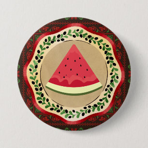 Badge Rond 7,6 Cm pastèque sur plaque d'olive avec tatreez palestini