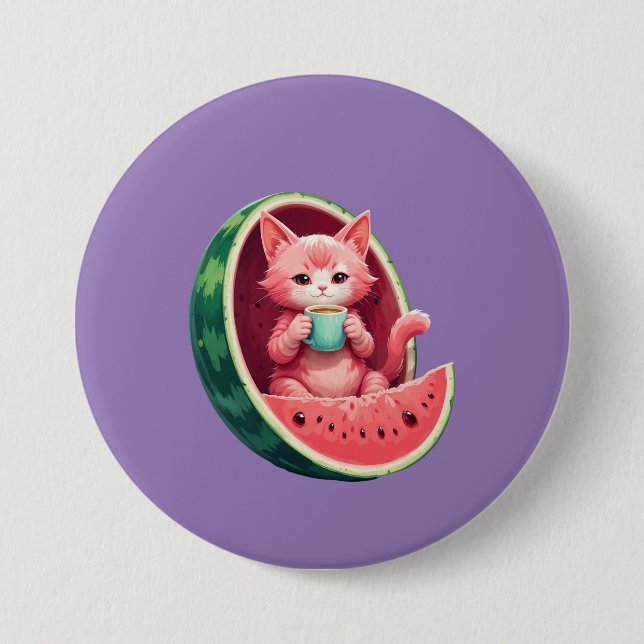 Badge Rond 7,6 Cm Pause café Chat Pastèque (Devant)