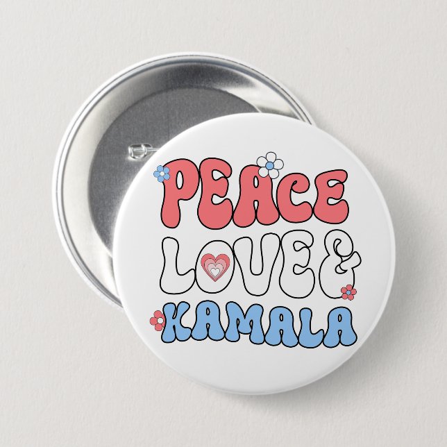 Badge Rond 7,6 Cm Peace Love et Kamala Harris 2024 (Devant & derrière)