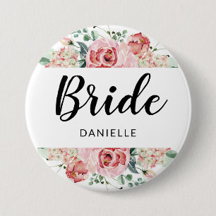 Badge Rond 7,6 Cm Peach Watercolor Floral Frame Bride Monogramme