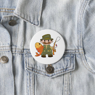 Badge Rond 7,6 Cm Pêcheur de dessin animé avec Gros Catch Funny Fish