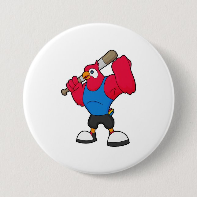 Badge Rond 7,6 Cm Perroquet au baseball avec batte de baseball (Devant)
