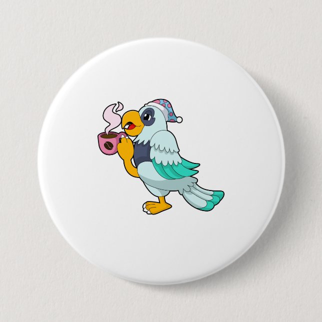 Badge Rond 7,6 Cm Perroquet avec tasse de café (Devant)