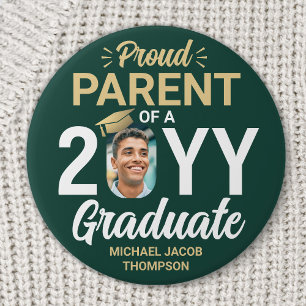Badge Rond 7,6 Cm Photo de diplômé fier parent moderne vert et or