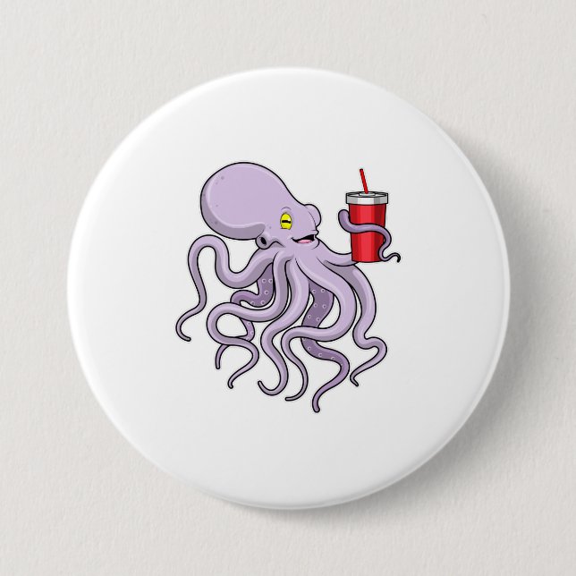 Badge Rond 7,6 Cm Pieuvre avec tasse à boire (Devant)