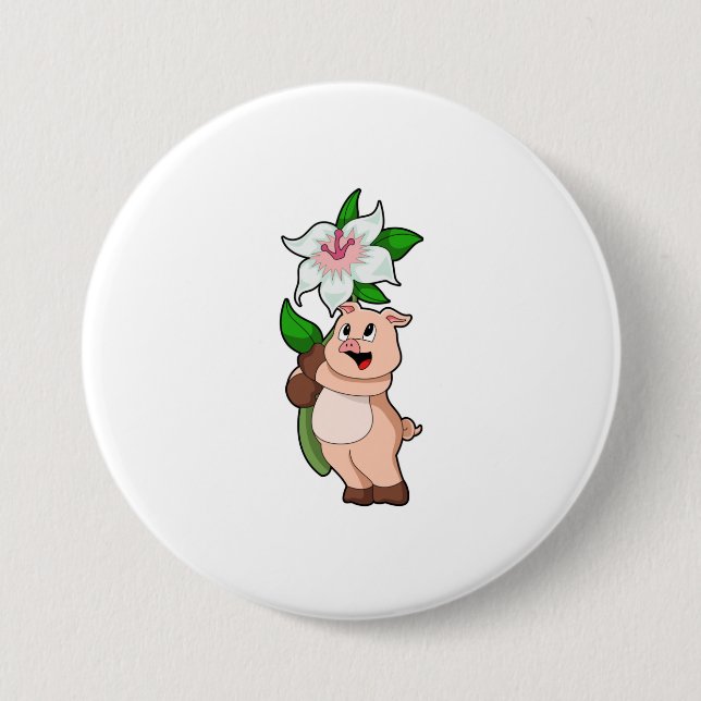 Badge Rond 7,6 Cm Pig with Flower Lily (Devant)