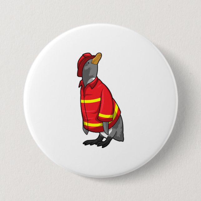 Badge Rond 7,6 Cm Pingouin as Firefighter with Helmet (Devant)