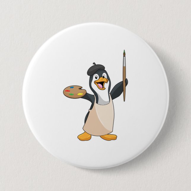 Badge Rond 7,6 Cm Pingouin as Painter with Paint brush & Colour (Devant)
