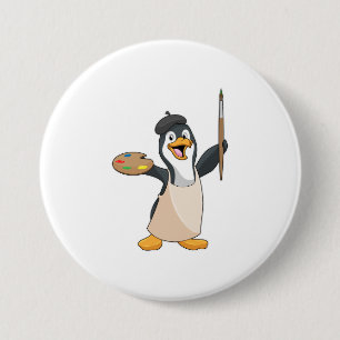 Badge Rond 7,6 Cm Pingouin as Painter with Paint brush & Colour