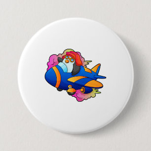 Badge Rond 7,6 Cm Pingouin comme pilote avec avion