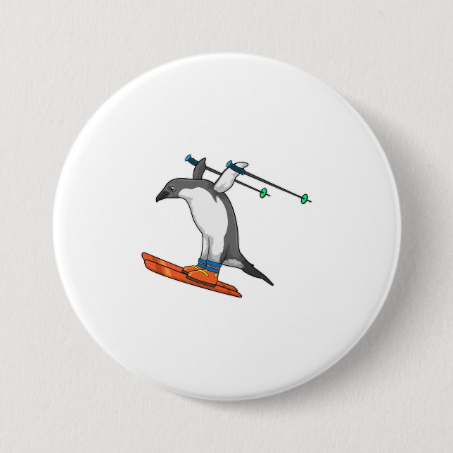 Badge Rond 7,6 Cm Pingouin comme Saut à ski avec Ski (Devant)
