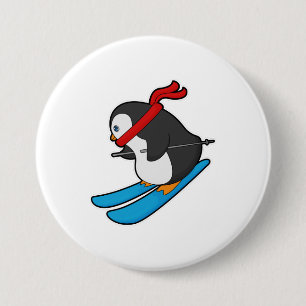 Badge Rond 7,6 Cm Pingouin comme skieur avec ski
