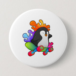 Badge Rond 7,6 Cm Pingouin en patinage avec skateboard
