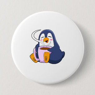 Badge Rond 7,6 Cm Pingouin with Cup of Coffee
