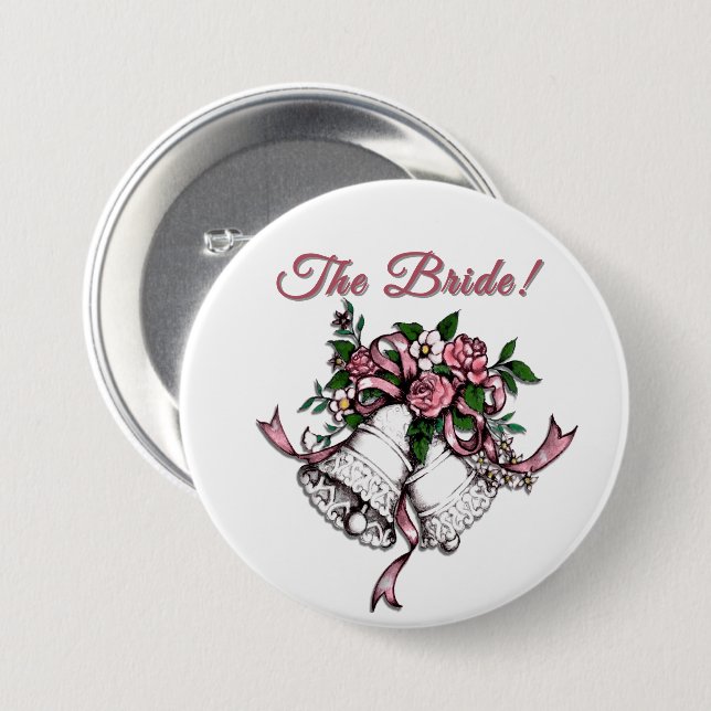 Badge Rond 7,6 Cm Pink Wedding Bells The Bride (Devant & derrière)